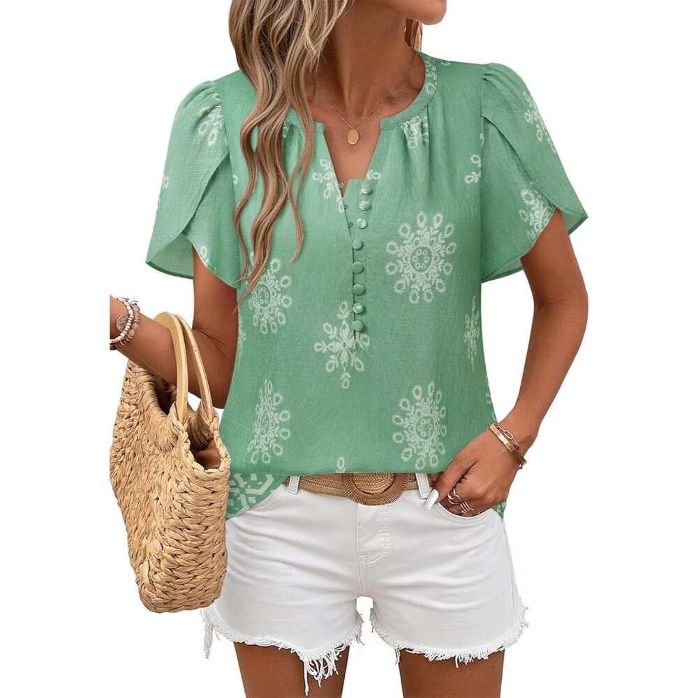 Womens Summer Boho Tops Short Sleeve Floral Blouses Button Down Beach Vacation - Picture 4 of 6